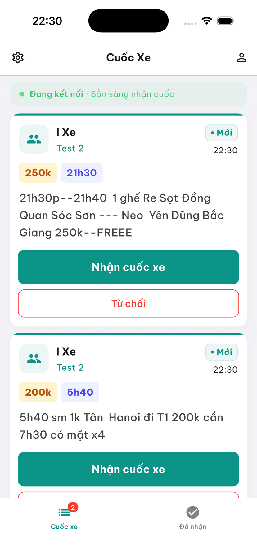 Màn hình danh sách cuốc xe tự động từ nhóm Zalo